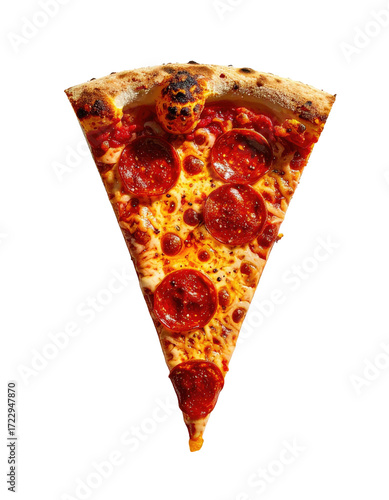 A single, triangular slice of pepperoni pizza with slightly charred crust, melted cheese, and visible pepperoni slices