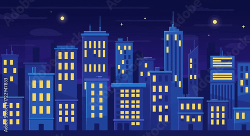 Cityscape at Night with Illuminated Buildings.