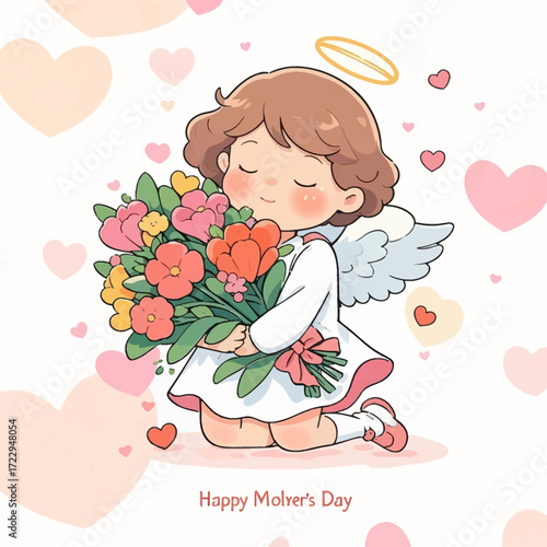 A cute angel girl kneeling and hugging a bouquet of colorful flowers, surrounded by pink hearts, for Mother's Day.