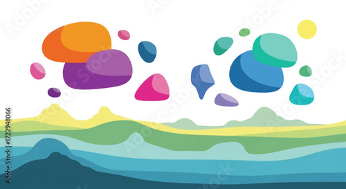 Colorful abstract floating shapes in a vibrant landscape.