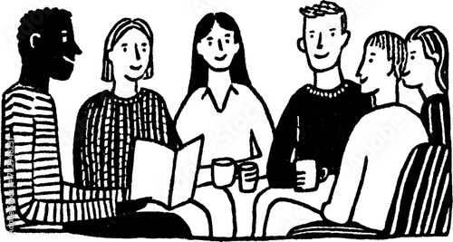 Group of people engaged in conversation, sitting together with cups. Simple vector illustration capturing a meeting set in a modern style.