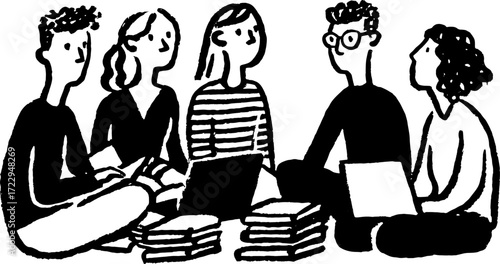 Group of people engaged in a discussion. Simple black and white vector illustration of a modern meeting set in a creative workspace.