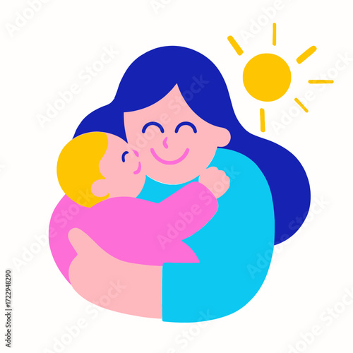A loving mother tenderly embraces her happy baby under a bright, smiling sun, symbolizing warmth and family joy.