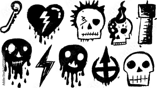 Skull and heart symbols in black illustration style. Modern vector set featuring danger and lightning elements.