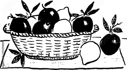 Fruit basket with apples and a lemon. Simple black and white vector illustration in a sketched style, showcasing the items in a set.