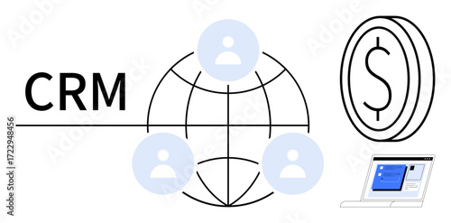 CRM text linked to a globe with user icons, a coin representing revenue, and a laptop dashboard. Ideal for business management, customer relations, global networking, finance, technology solutions