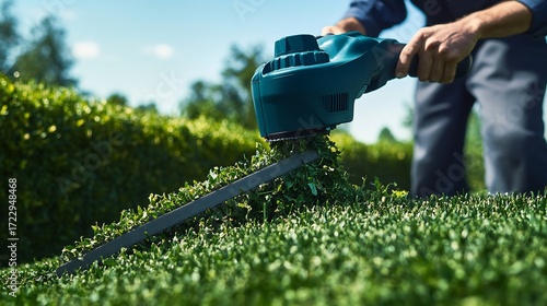 Professional landscaper using a powerful gas powered trimmer to shape the edges of a well maintained garden with neatly trimmed grass and hedges under a clear blue sky