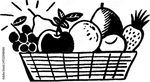 Hand-drawn basket filled with various fruits. Simple black and white vector illustration of fresh produce in a set.
