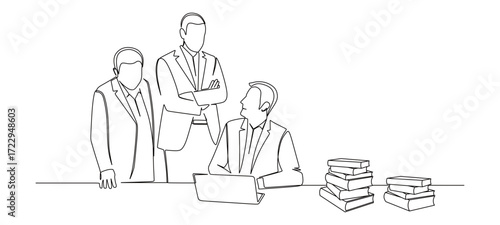 Continuous line art of a man in a work suit sitting, and two other people standing and discussing their work with a pile of books beside them. vector illustration