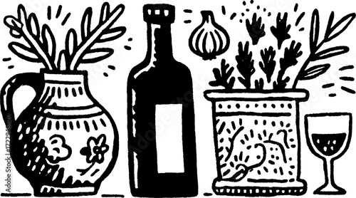 Botanical illustration featuring an oleander plant in a pot, along with a bottle and glass. Simple black and white vector design set in a hand-drawn style.