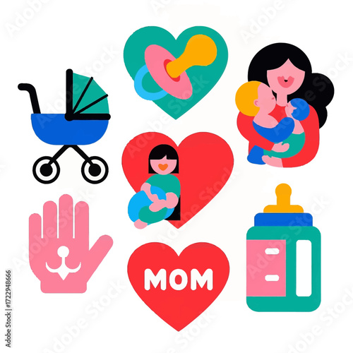 Motherhood icons: baby, pram, pacifier, bottle, and loving embrace.