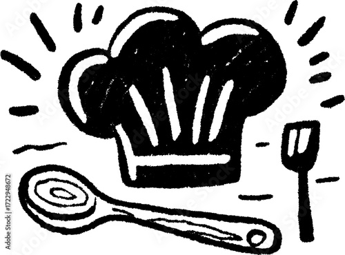 Chef hat with spoon and fork in black and white sketch style. Simple artistic vector illustration set for culinary themes.