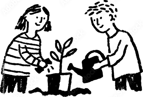 Kids watering a small plant in a pot. Simple black and white vector illustration showcasing gardening activities in an outdoor set.