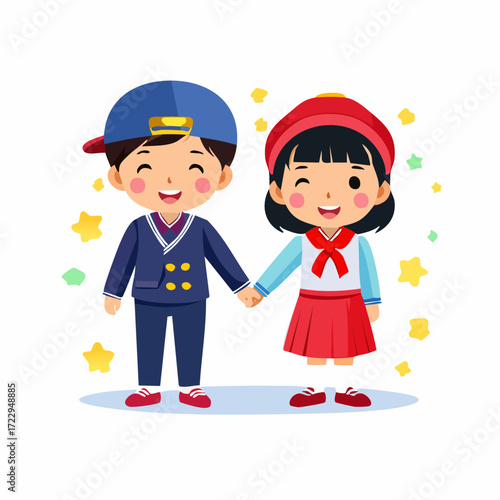 子供たちが手を繋ぐ様子のベクターイラスト素材