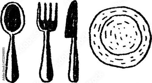Utensils: spoon, fork, knife, and plate in a simple black sketch style. This vector illustration shows a rustic dining set.