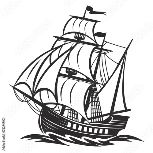 Illustration of a sailing ship with multiple sails navigating on wavy water in a monochrome black and white style created with generated ai
