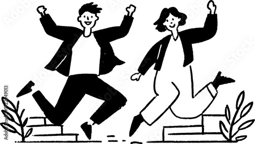 Jumping people in a vector illustration showcasing movement and happiness. This black and white illustration features a couple celebrating in a set of stairs with plants.