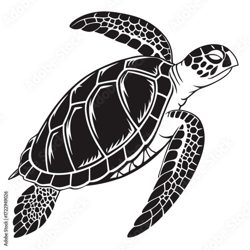 Illustration of a sea turtle swimming gracefully with detailed shell in black and white coloring style created with generated ai