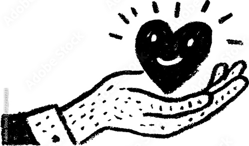 Hand holding a smiling heart in a simple black and white design. Vector illustration represents love and support in a compact set.