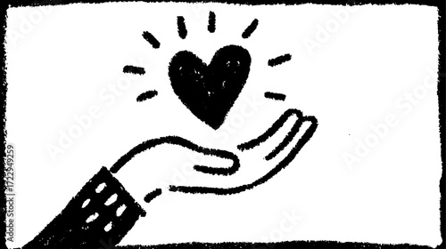 Hand holding a heart symbol in a simple black and white vector illustration. This graphic focuses on support and caring in a clear design.