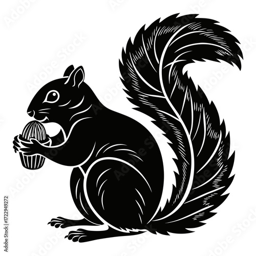 A stylized black squirrel holding a nut with a large detailed tail against a white background image art created with generated ai