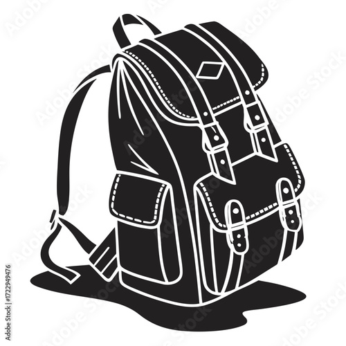 A black and white illustration of a vintage backpack with straps and pockets on a white background created with generated ai