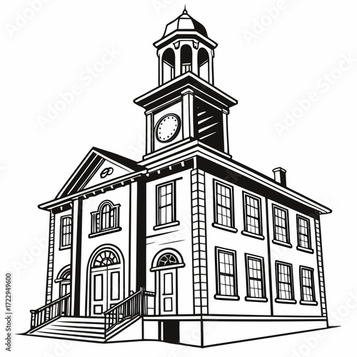 Illustration of a courthouse building with a clock tower and symmetrical architectural design elements created with generated ai