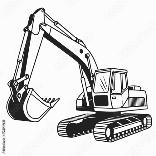 Illustration of a heavy excavator with a large bucket and treads, rendered in black and white outline created with generated ai