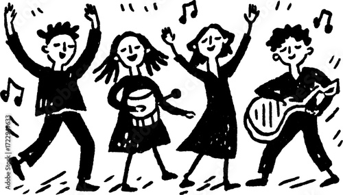 Group of musicians and dancers celebrating music. Simple black and white vector illustration showcasing energy and joy.