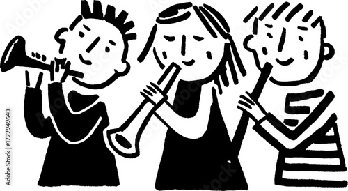 Musicians playing instruments in a simple black and white style. This vector illustration captures a joyful moment in a musical set.