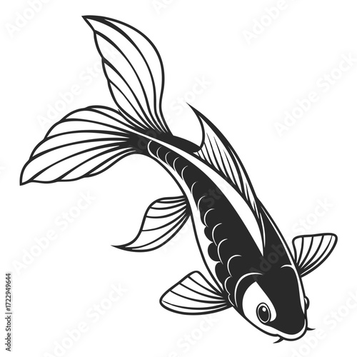 Illustration of a black and white koi fish with detailed fins and scales swimming gracefully in water created with generated ai