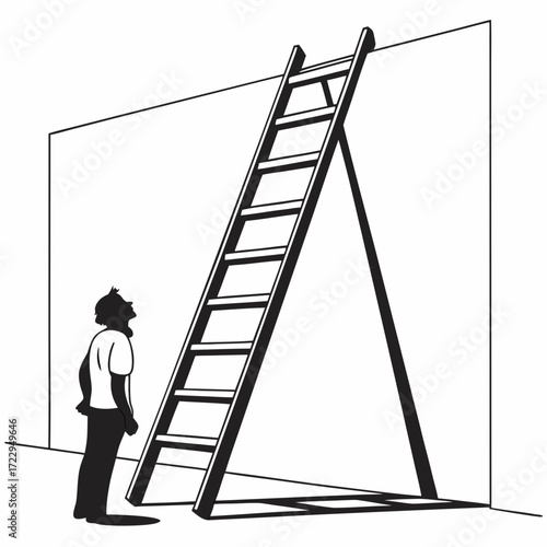 A man looking up at a tall ladder leaning against a wall in a black and white illustration style image created with generated ai