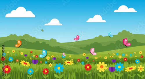 Colorful Butterflies Fluttering Over a Vibrant Flower Meadow.