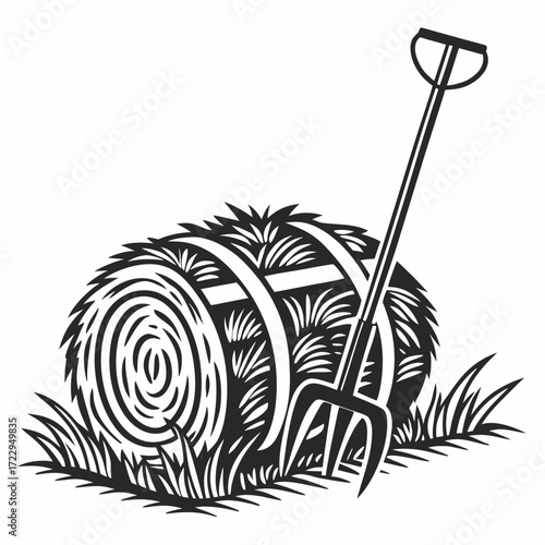 Illustration of a hay bale with straps and a pitchfork in a field of grass in black and white style created with generated ai