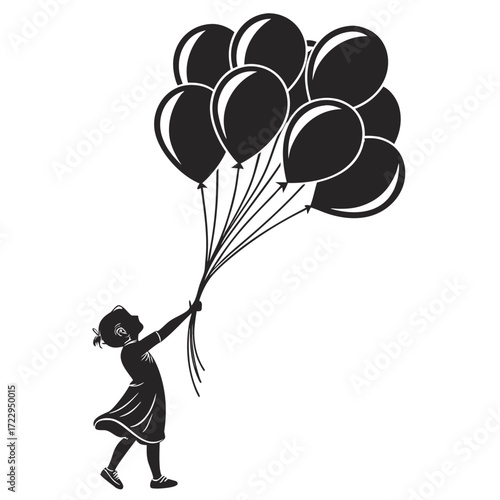 A silhouette of a girl holding a bunch of balloons looking up in a black and white illustration style created with generated ai