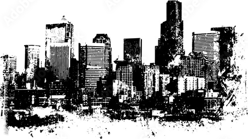 Silhouette of city skyline with skyscrapers. Black and white vector illustration featuring modern architecture in a simple design.