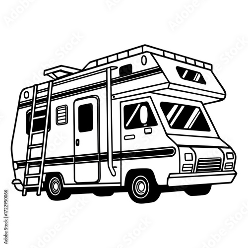 Illustration of a recreational vehicle with ladder and rooftop storage in black and white outline style created with generated ai