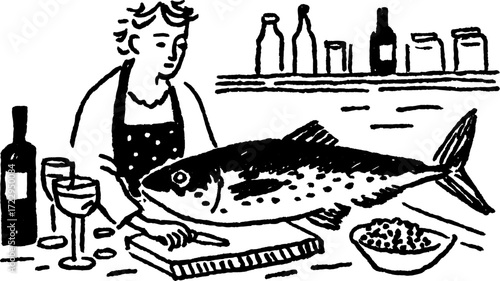 Chef preparing fish in a kitchen, featuring a bottle and glass. Simple monochrome vector illustration of food on a counter in a set.