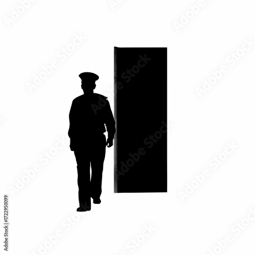 Silhouette of a law enforcement officer leaving a courtroom after a hearing white background