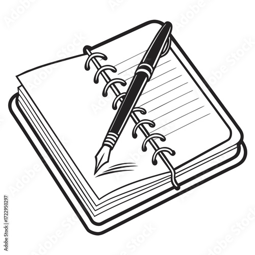 Illustration of a ring bound notebook with lined paper and a fountain pen resting on the open pages created with generated ai