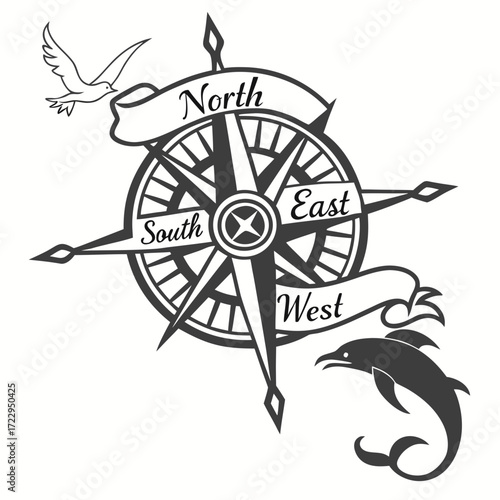 Compass rose with north south east west labels, a flying bird and a dolphin silhouette illustration created with generated ai