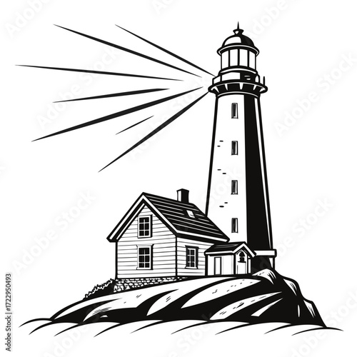 Lighthouse scene with a tall tower and a small house on a rocky outcrop with light beams shining out created with generated ai