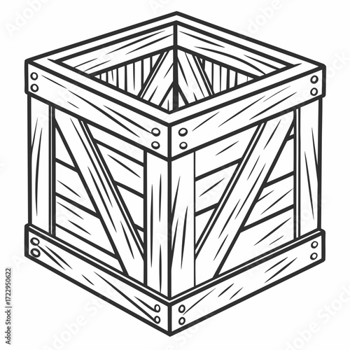 Isometric view of a wooden crate with diagonal bracing and visible fasteners in a line art style design created with generated ai