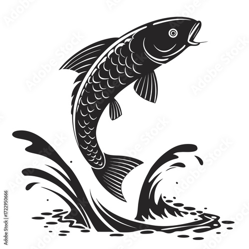 A stylized black and white illustration of a fish leaping out of water with splashing waves around it created with generated ai