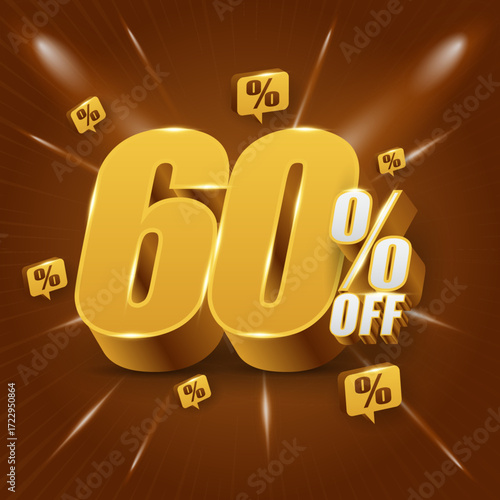 60 percent off, discount concept, or bonus. Promotional price with 3D illustration of golden numerals.
