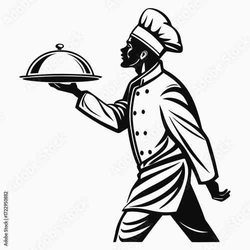 Chef in uniform holding a covered platter in black and white illustration with detailed shading and outline created with generated ai