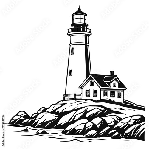 A coastal lighthouse stands tall beside a quaint house atop a rocky shore in a monochrome illustration created with generated ai