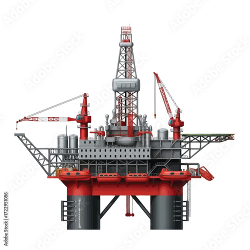 Detailed vector illustration of an industrial offshore oil drilling rig platform, a critical infrastructure for global energy production and resource extraction in the marine environment