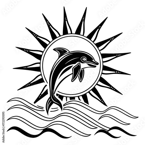 Dolphin leaping from waves with sunburst background in black and white vector illustration design art created with generated ai