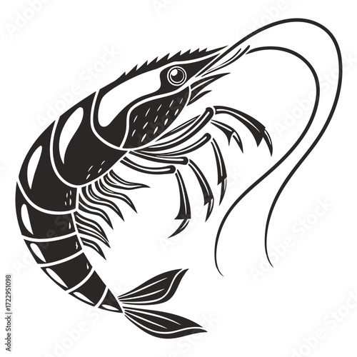 Detailed black and white illustration of a shrimp with long antennae and segmented body design style created with generated ai